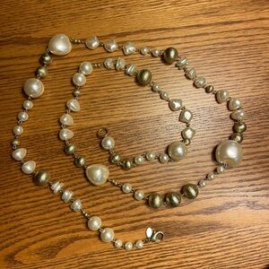 Chico’s 48 inch silver tone & faux pearl necklace